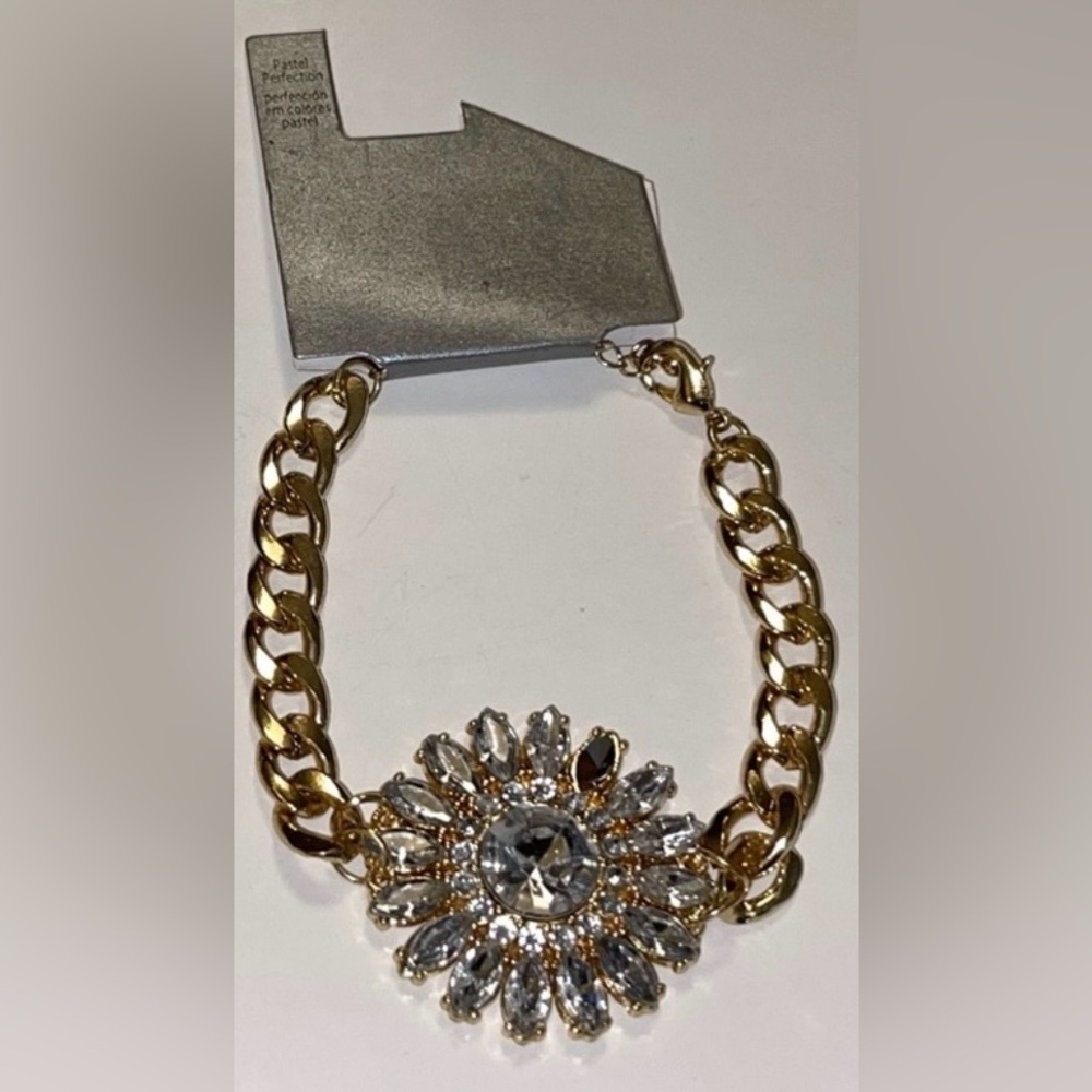 Gold Chain and Rhinestone Flower Adjustable Bracelet